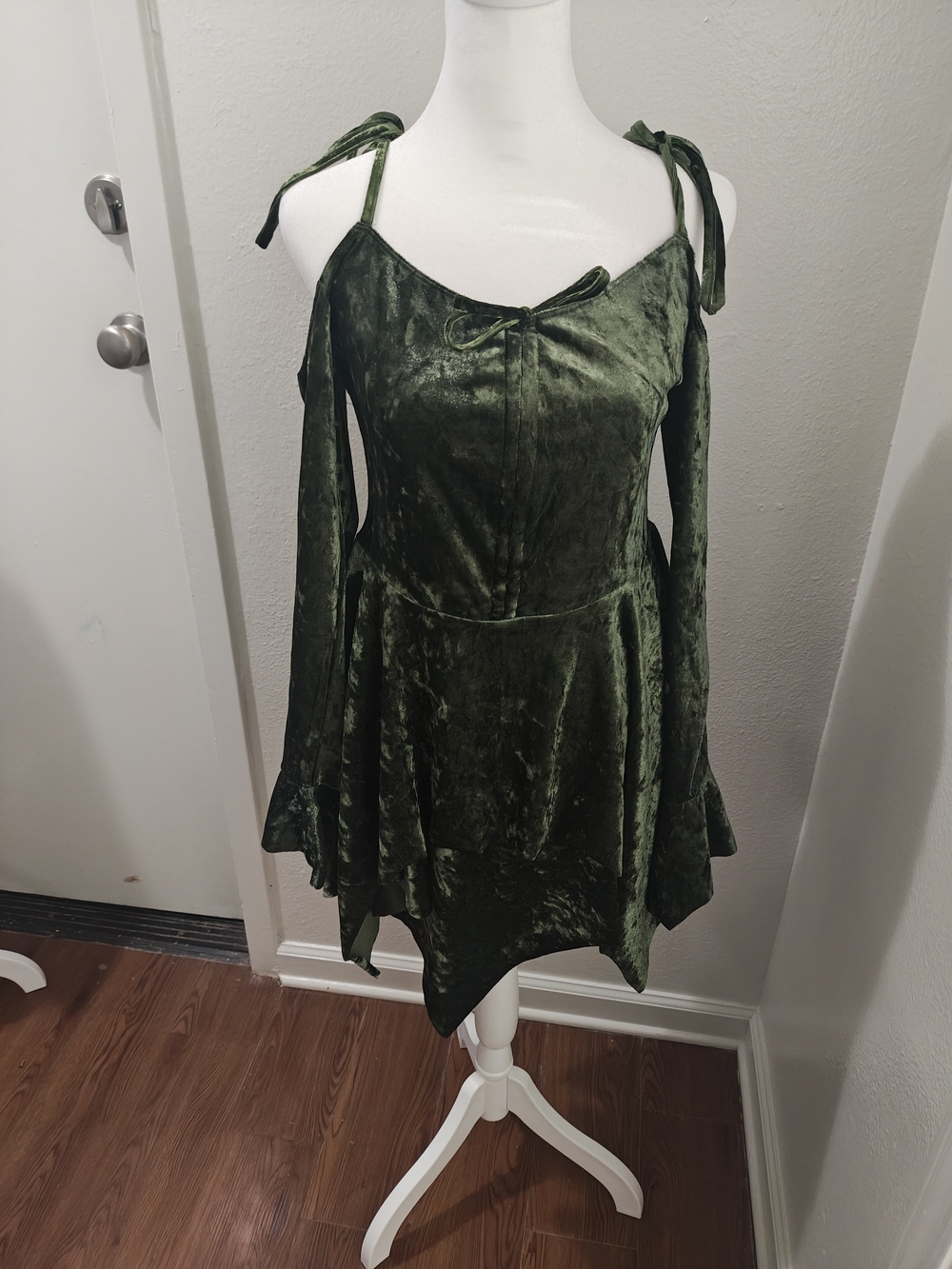 Olive Velvet Cold-Shoulder Dress